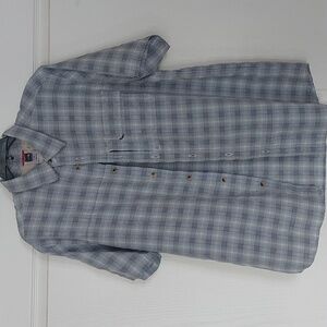 The North Face blue and white patterned button front shirt